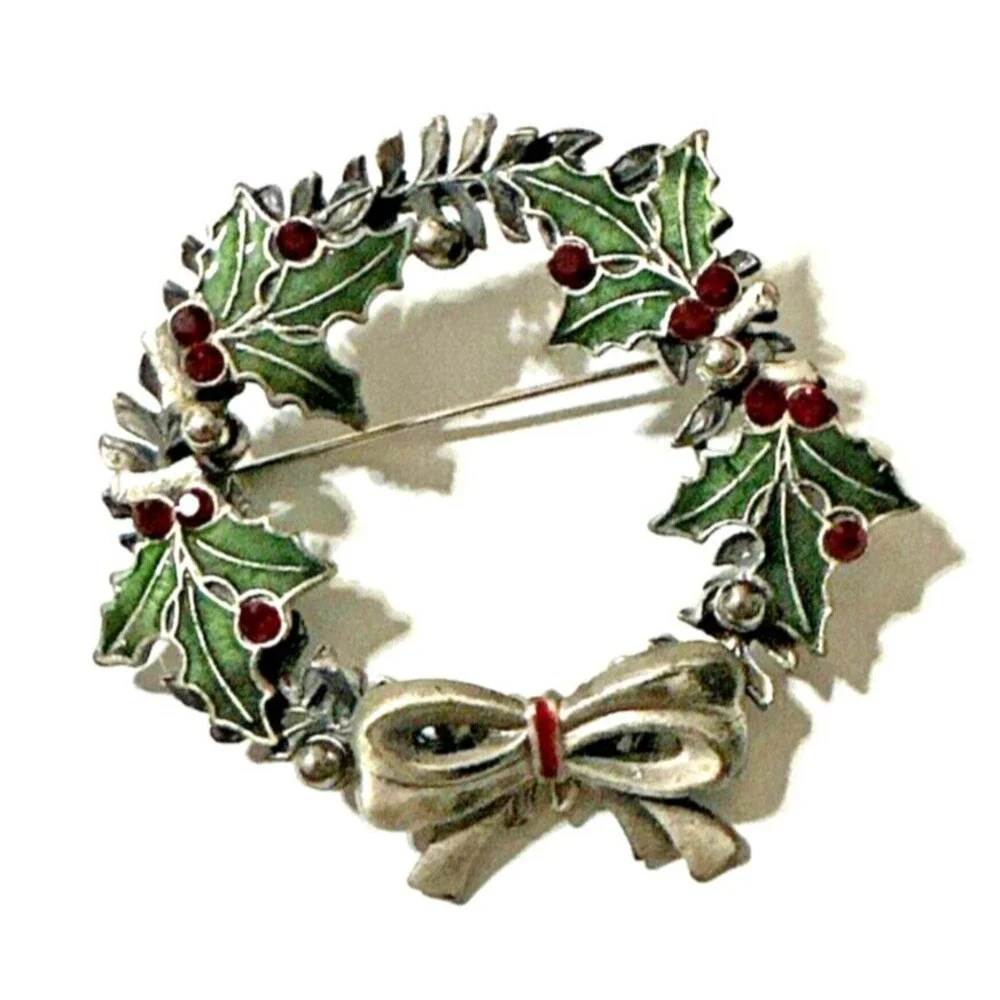 Vintage Kenneth Cole Christmas Wreath Brooch Green Red Enamel KC Signed 2”